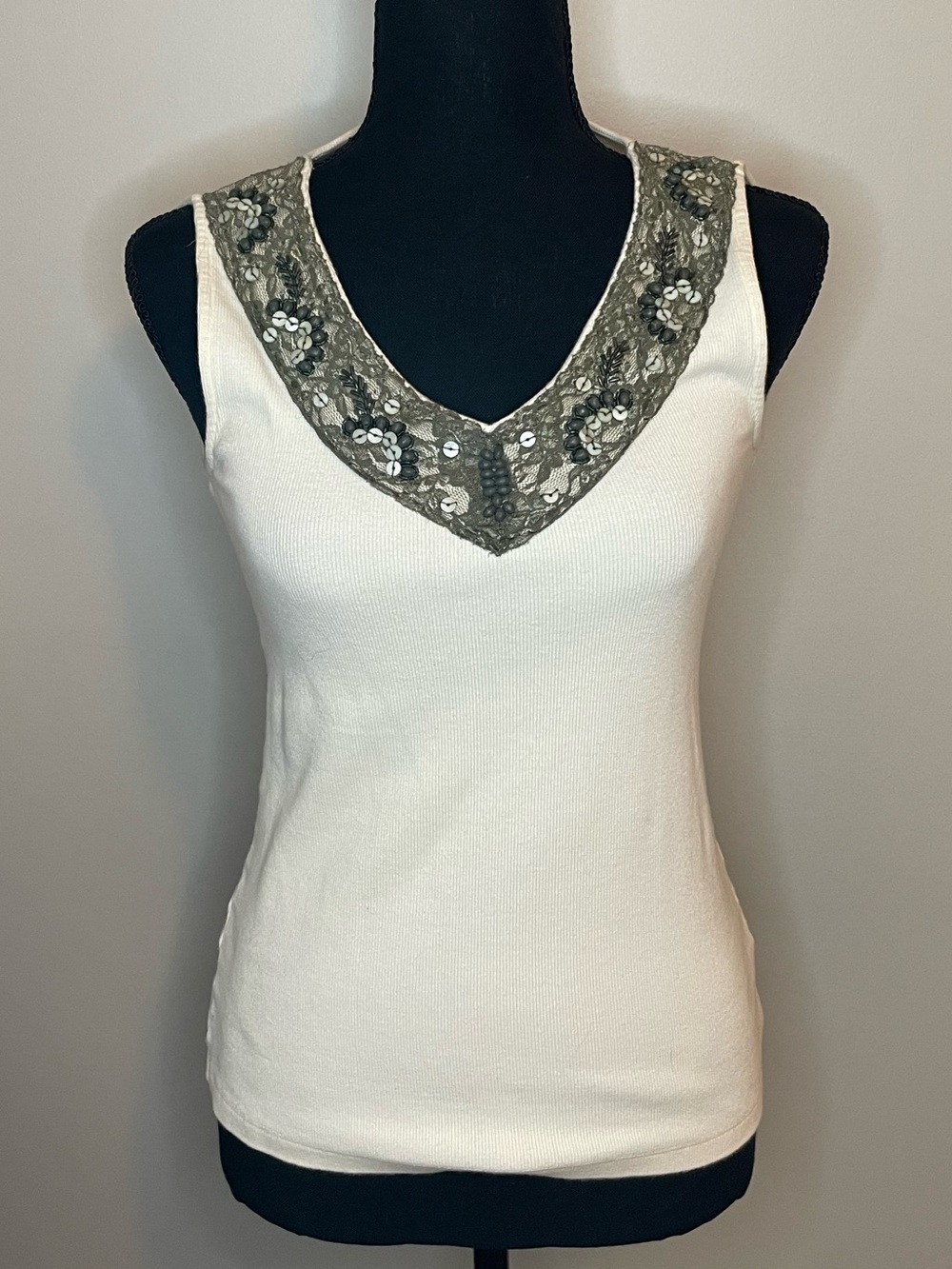 Chico's Cream V-Neck Tank with Sequined Lace Trim